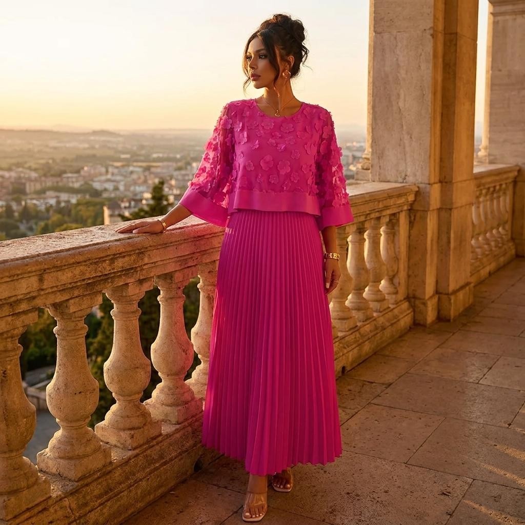 Women Pink Pleated Maxi Dress Mesh Overlay Cape Sleeve A-Line Elegant S-XXL US