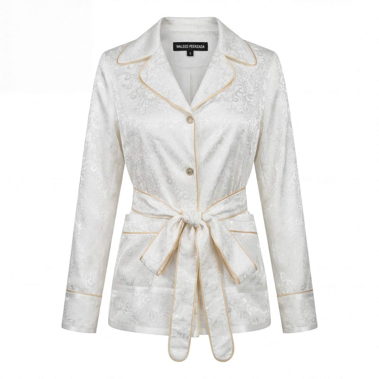 WP Luxury Silk Jacquard Belted Suit | Warm Off-White Self-Embossed Wrap
