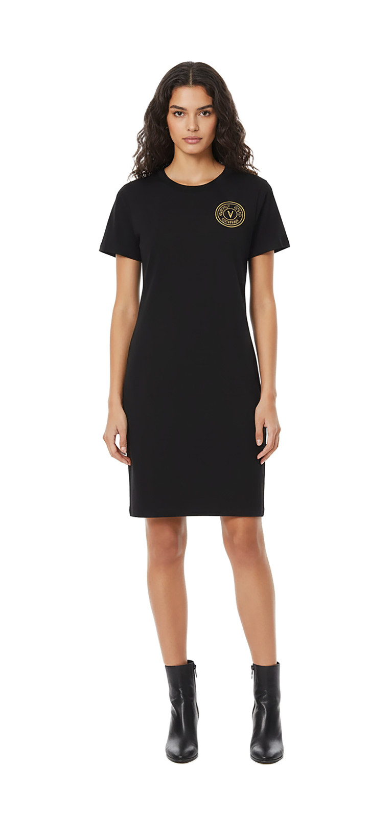 Versace Jeans Couture Black T-Shirt Dress with Gold Crest Logo