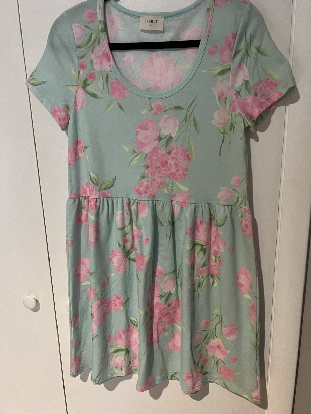 Everly Womens Medium Mint Green Pink Floral Babydoll Dress Pretty Light