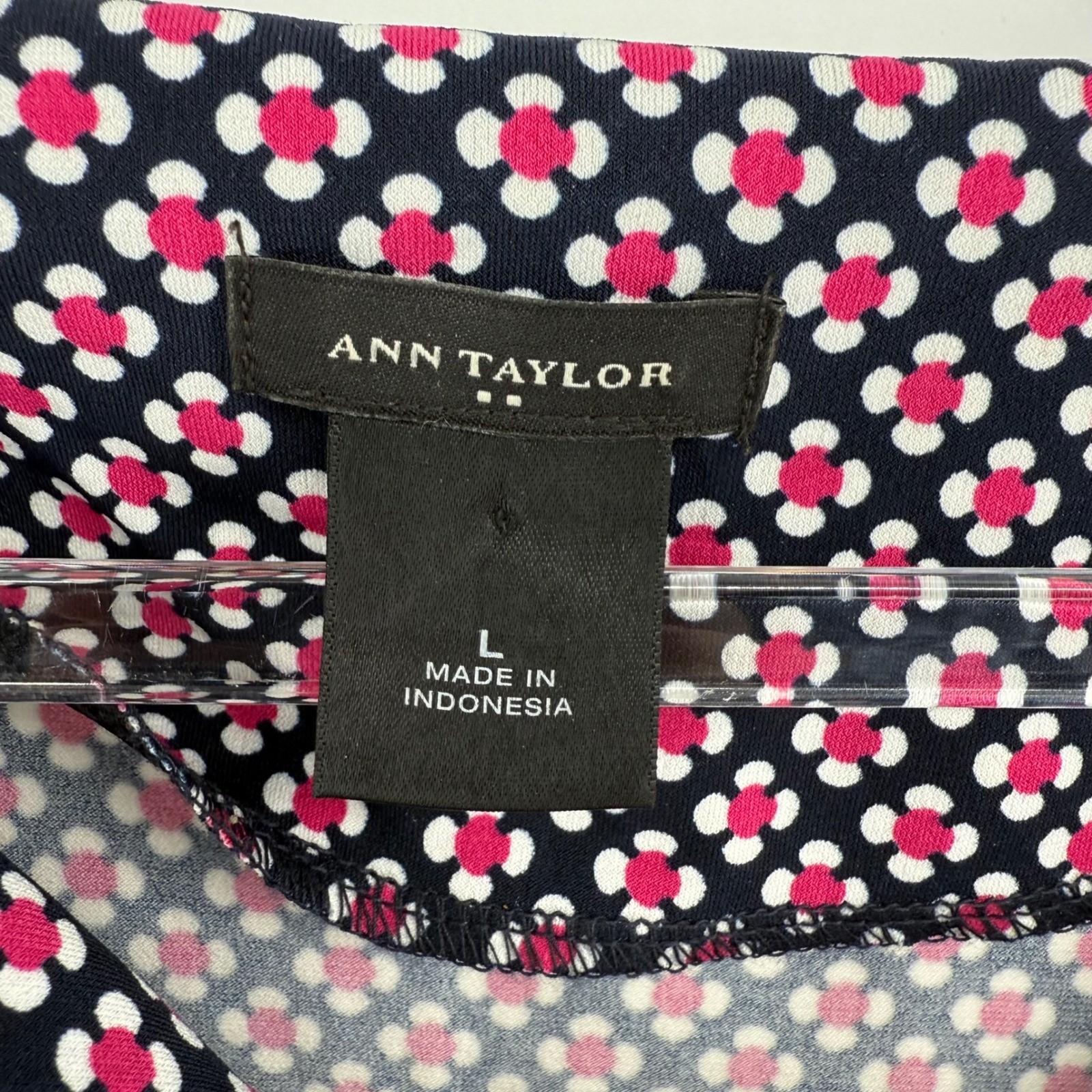Ann Taylor Dress Size L Geometric Print V Neck 3/4 Sleeve Black Pink White