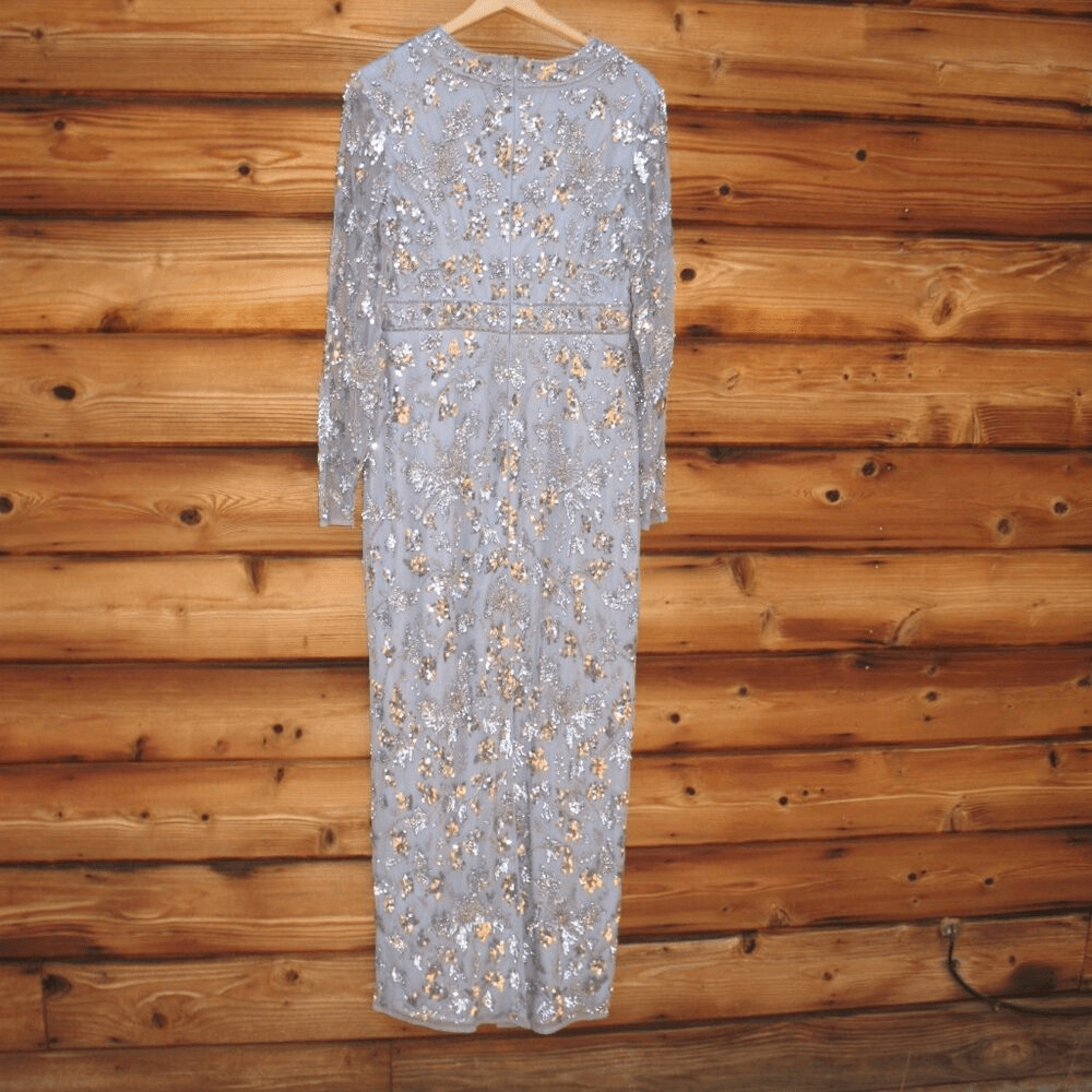 MAC DUGGAL 93939 Womens High Neck Long Sleeve Embellished Column Gown Dress Blue