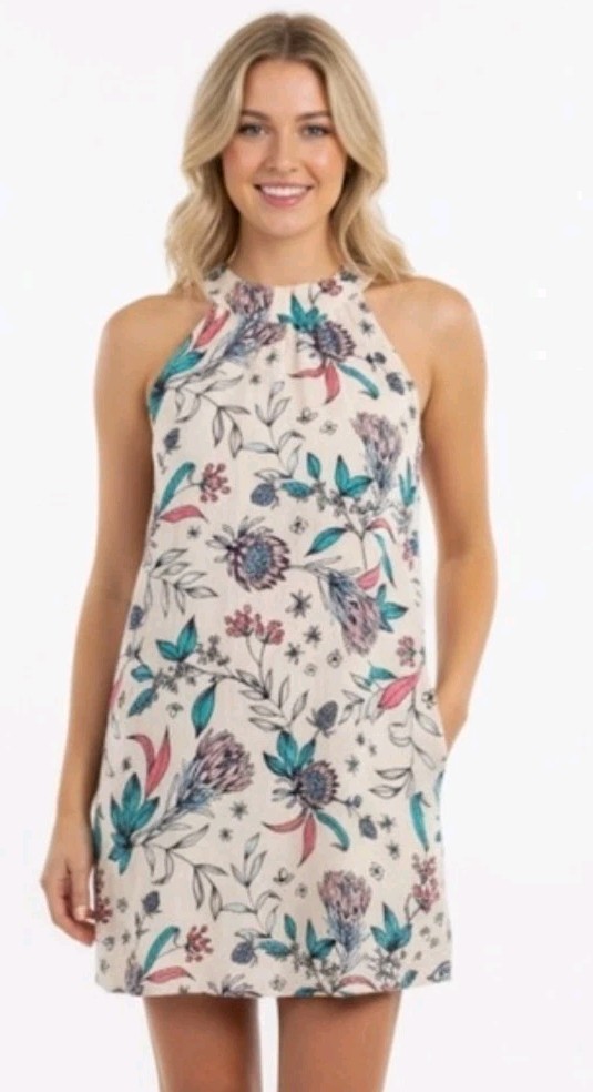 Rachel Ashwell Dress Sz M 100% Linen Sleeveless Keyhole Front Floral Tropical