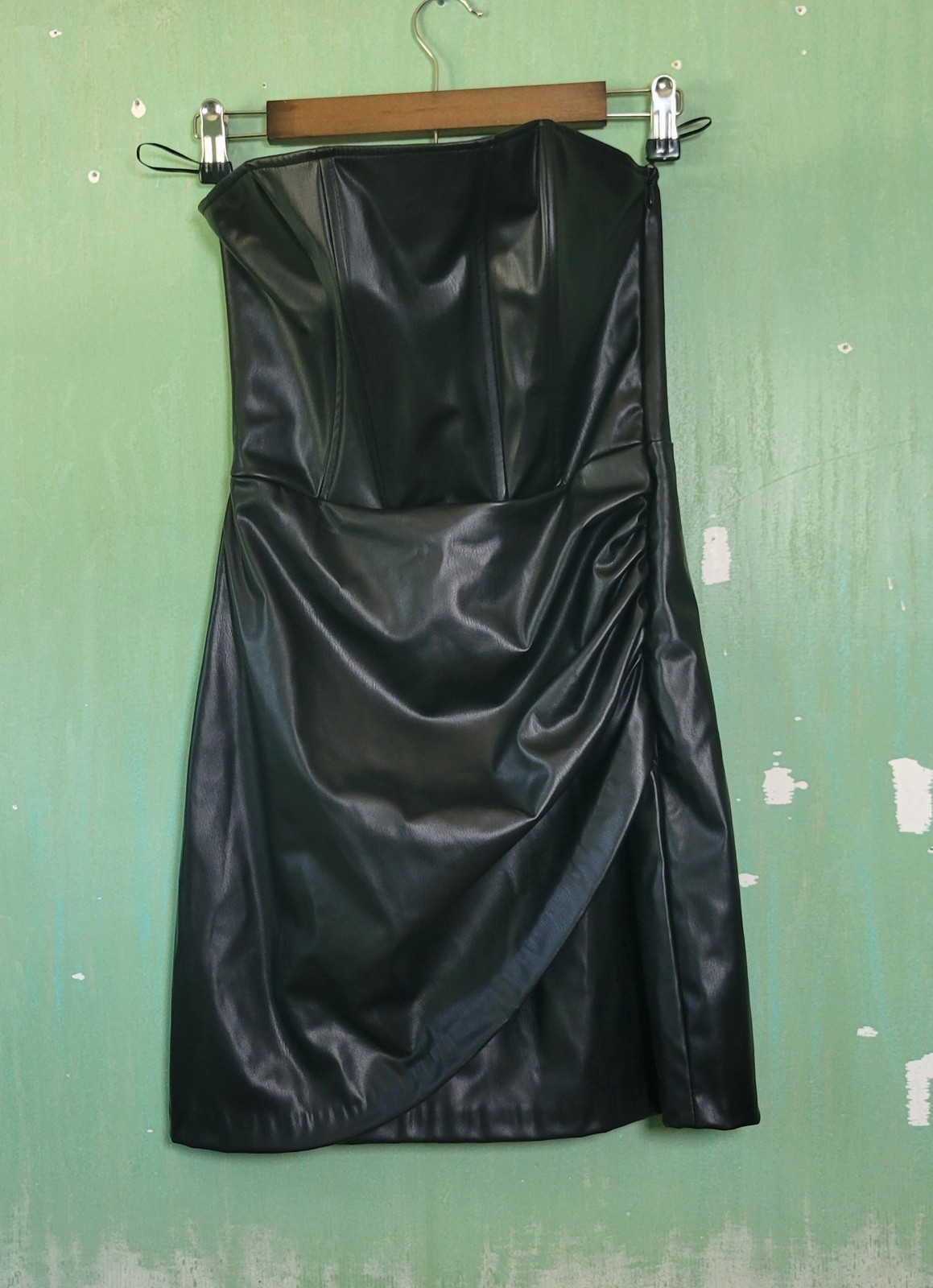 ZARA Black Strapless Faux Leather Ruched Mini Bodycon Dress Women’s M