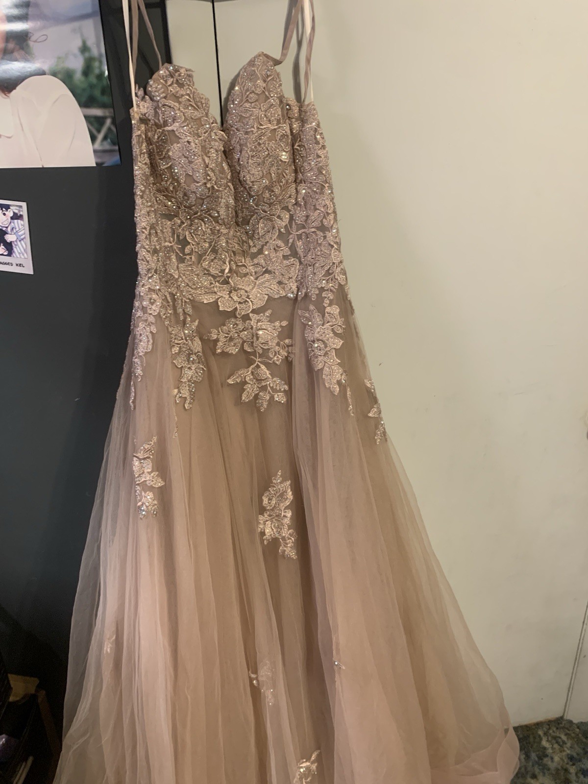 Beige Tulle Floral Embroidered Beaded Sequin V-Neck Long Lace-Up Gown S