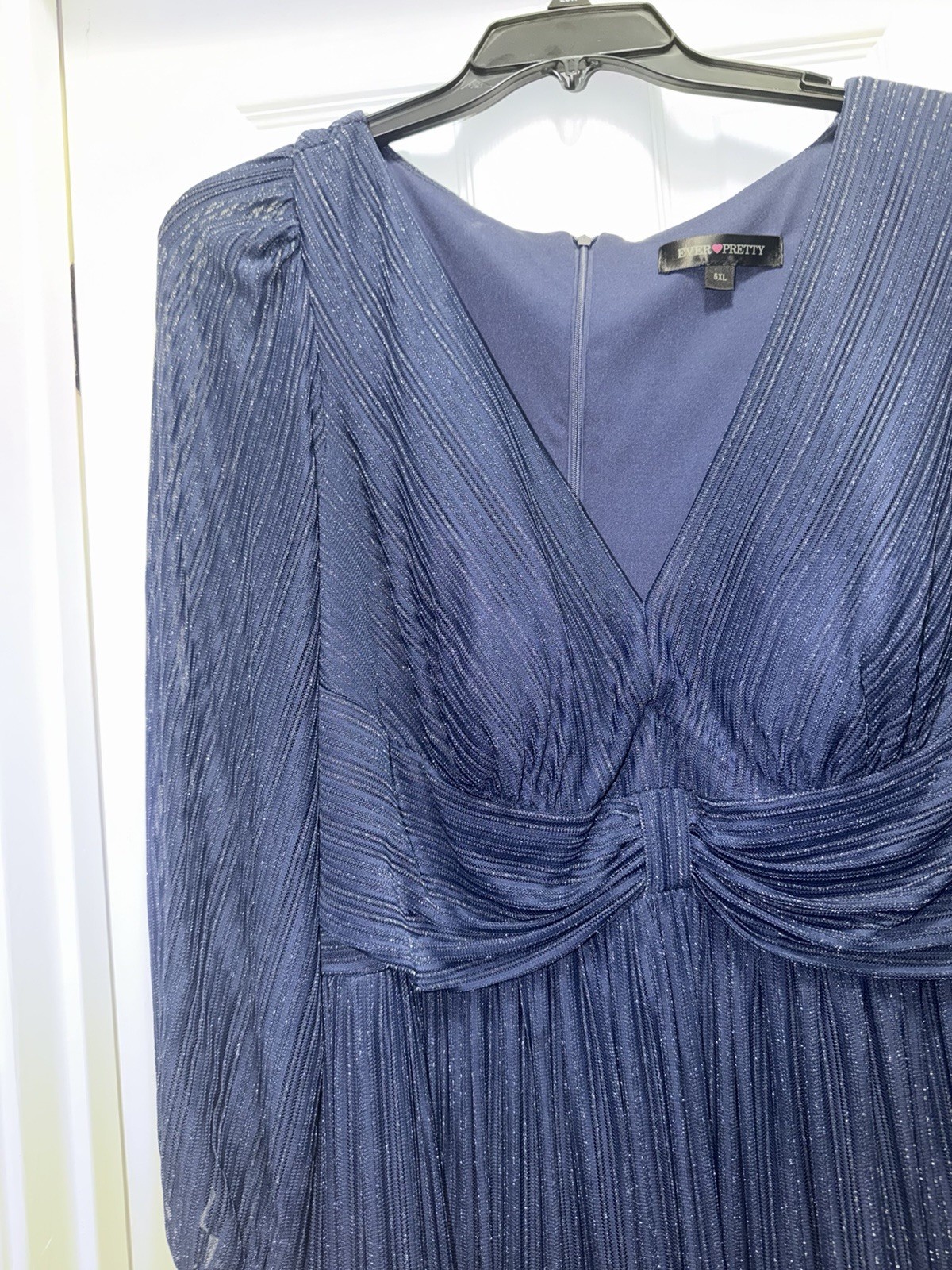Ever-Pretty Women Blue Solid Chiffon V-Neck Long Sleeve Pleated Long 3XL