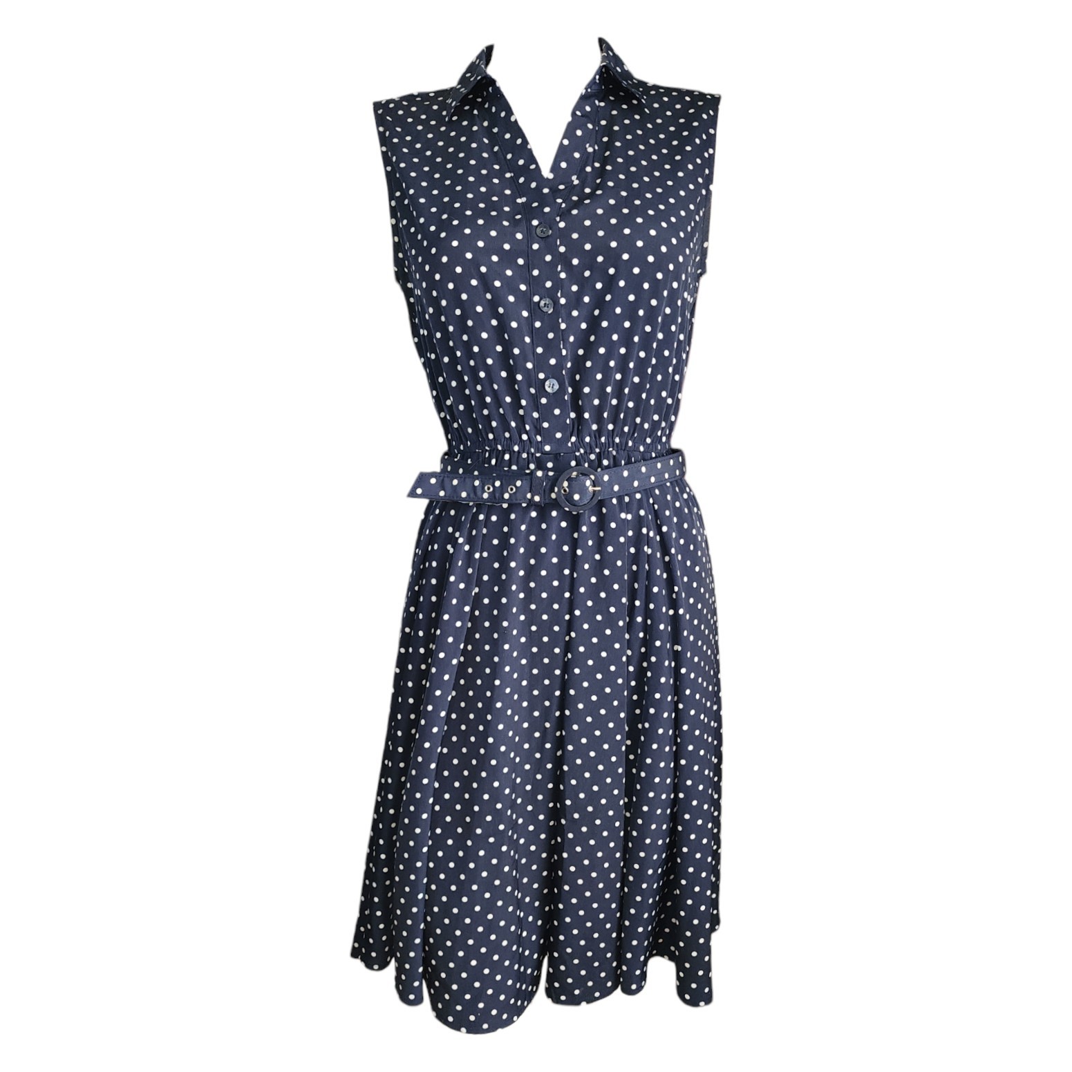 Charter Club Dress 8P 8 Petite Blue White Polka Dot Classic Pinup Retro Belted