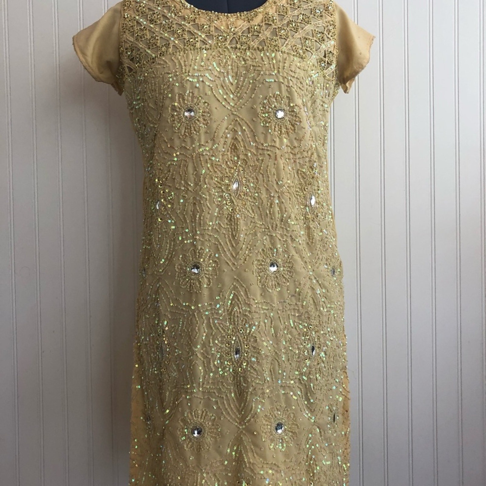 Vintage Yellow ButterCup Sequin Beaded Tunic Top Indian Dress Rhinestones Fancy