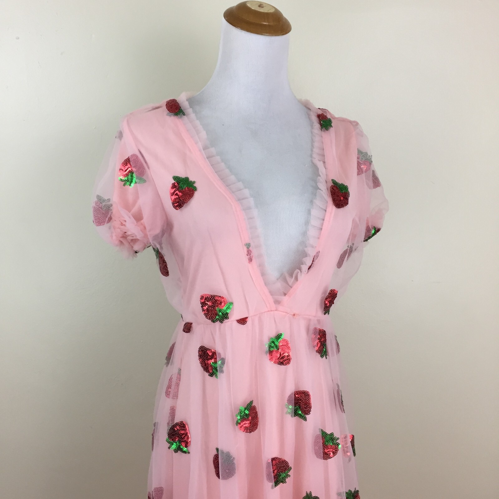 Pink Chiffon Red Green Strawberry Sequin Low V Neck Belted Dress Womens sz Small