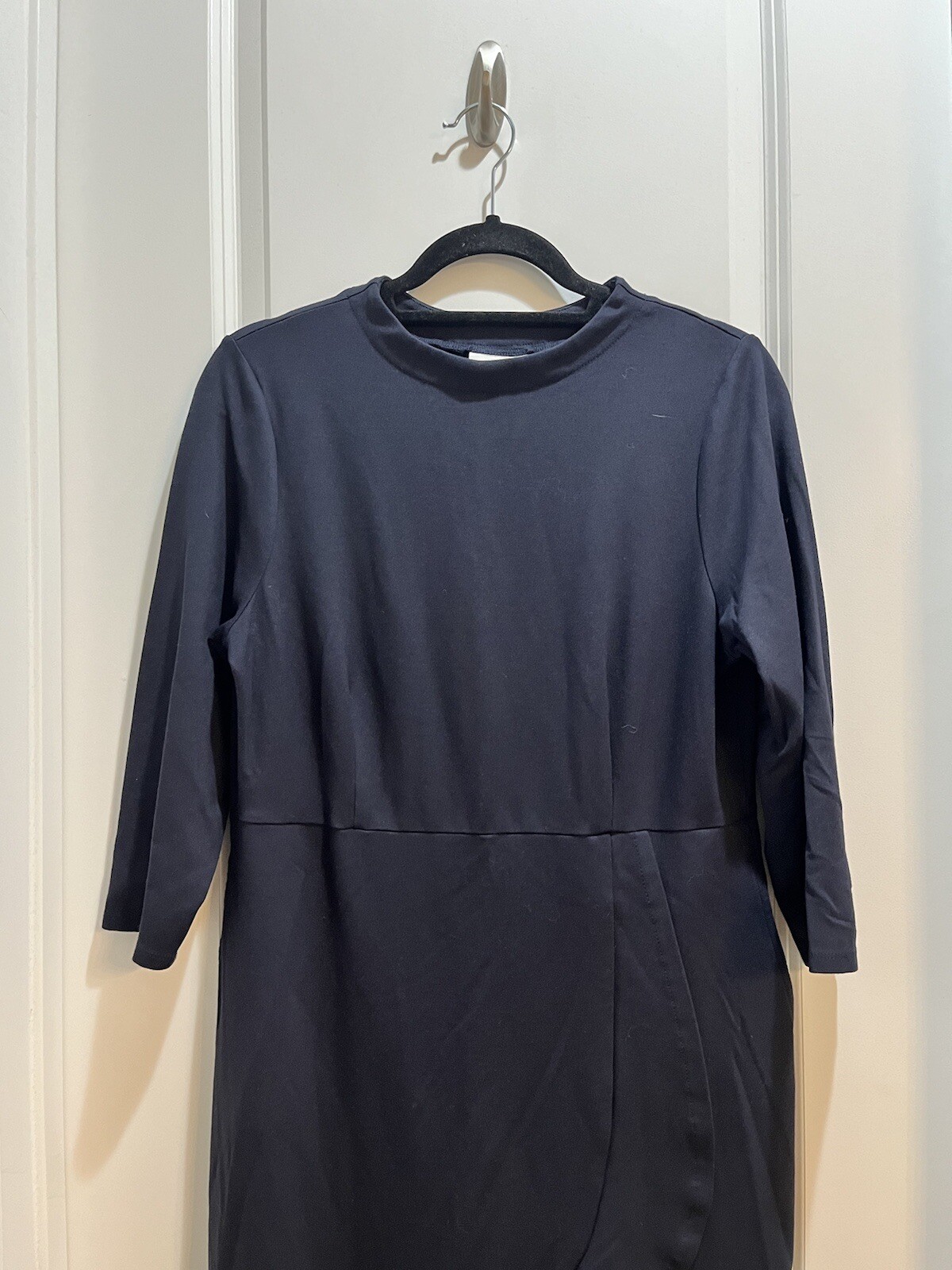 J Jill Ponte Jersey Dress Medium Navy Blue Ruffle 3/4 Sleeve Slide Pockets