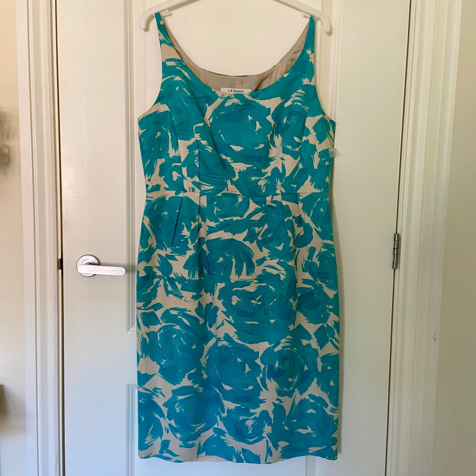 LK Bennett turquoise cotton silk lined sleeveless dress size 14 wedding cocktail