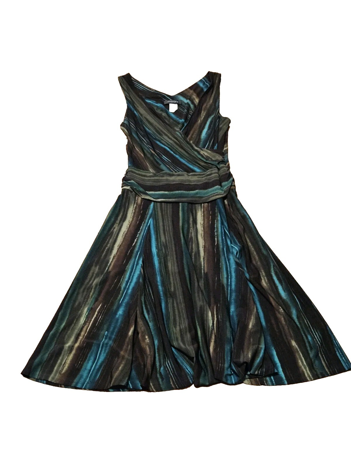 Alyn Paige NY Teal, Green, Brown Midi Sleeveless V-neck Sun Dress Size M 42″L