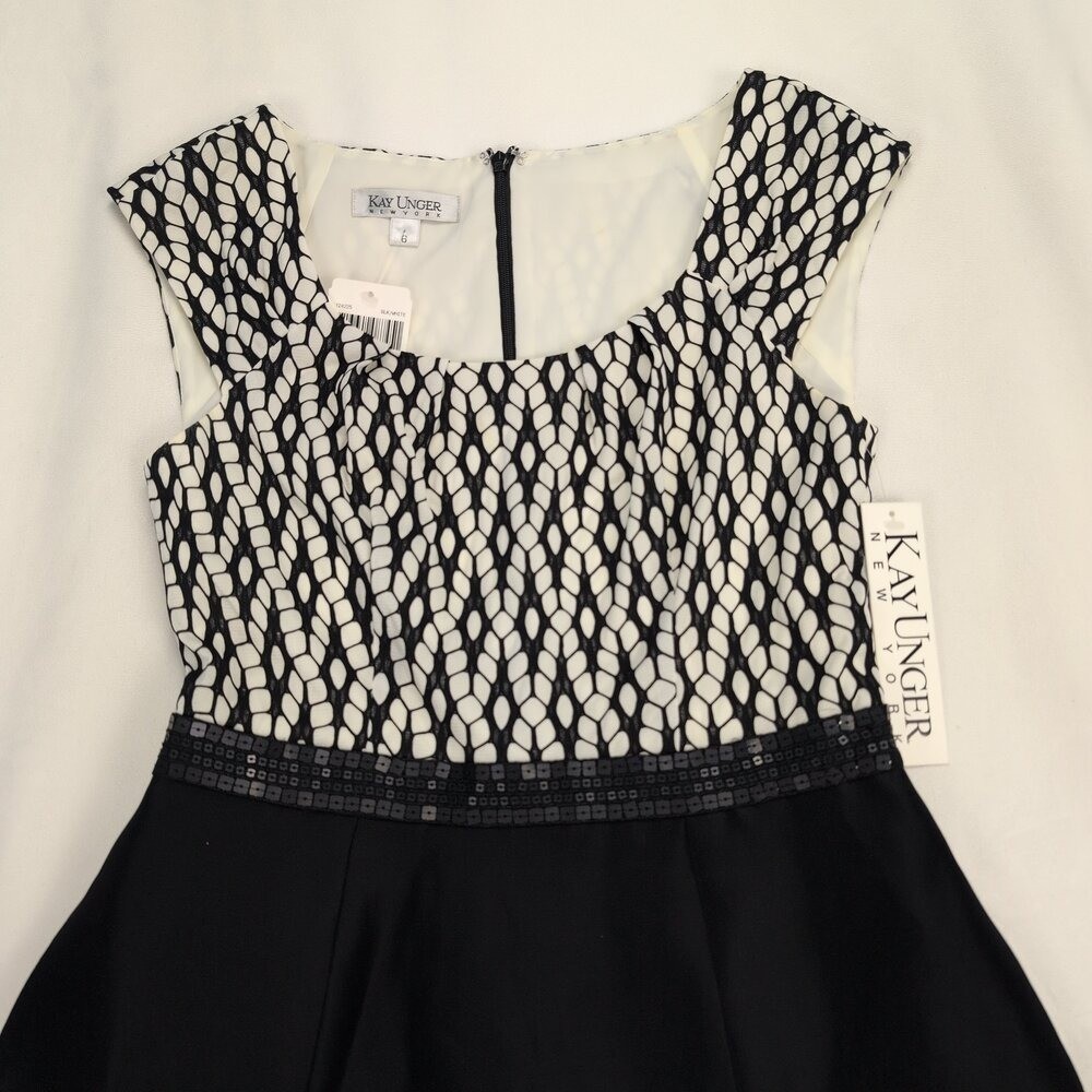 Kay Unger Black & Ivory A-Line Cocktail Dress Size 6 Beaded Waist