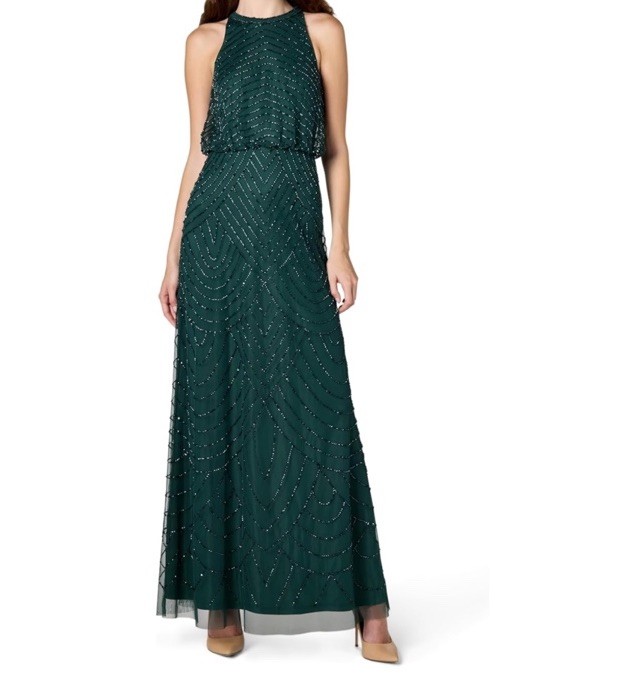 Adrianna Papell Women’s Sz 14 Art Deco Blouson Beaded Gown Green Emerald Halter
