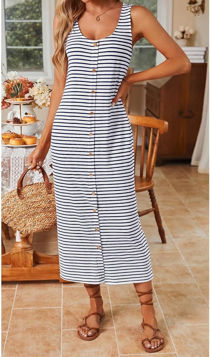 SHEIN Blue and White Striped Gold Button Front Sleeveless Dress Casual U Neck S