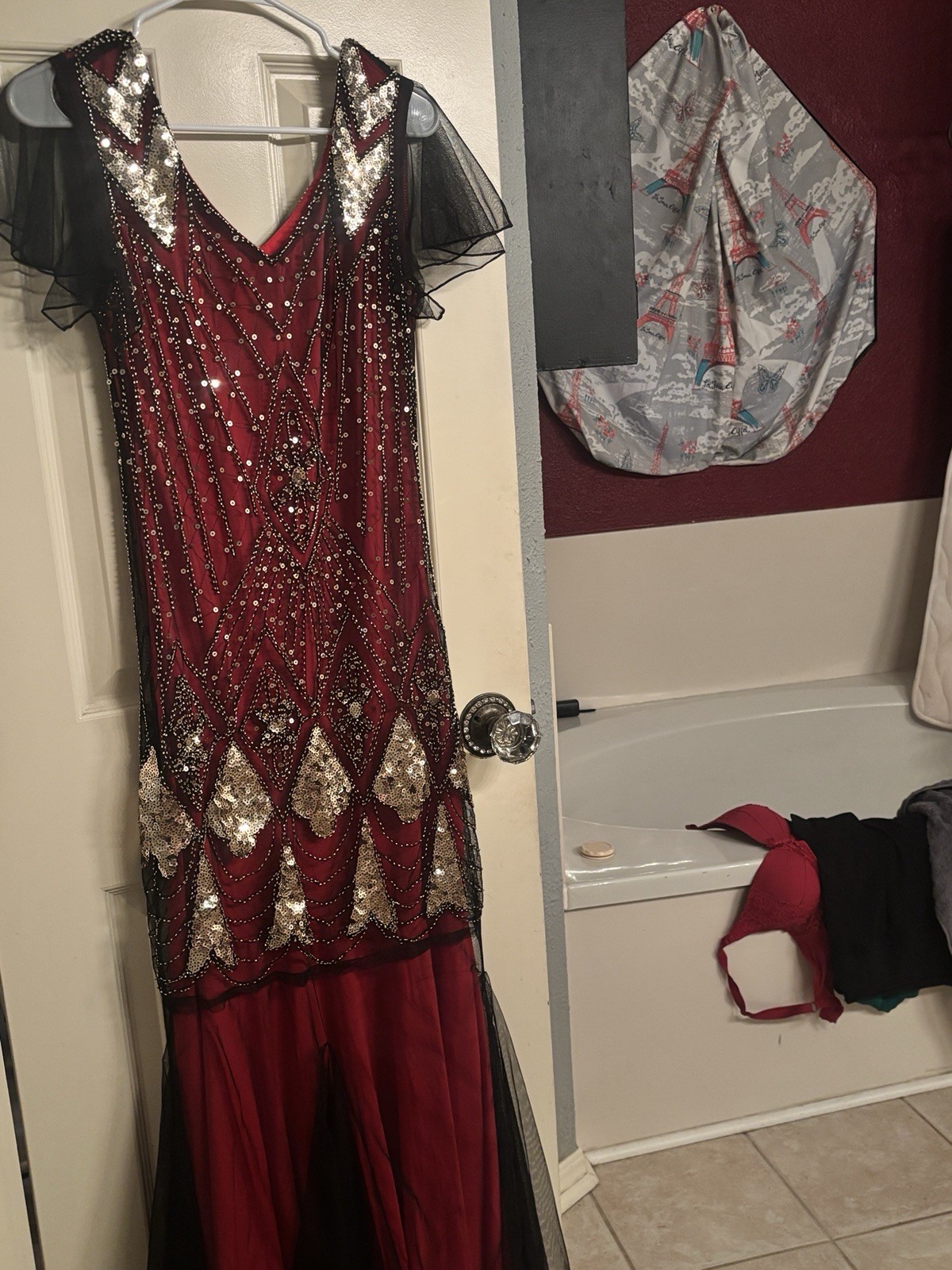 Women’s Red Black Gold Sequin Beaded Long Gown V-Neck Flutter Sheer Sleeve S