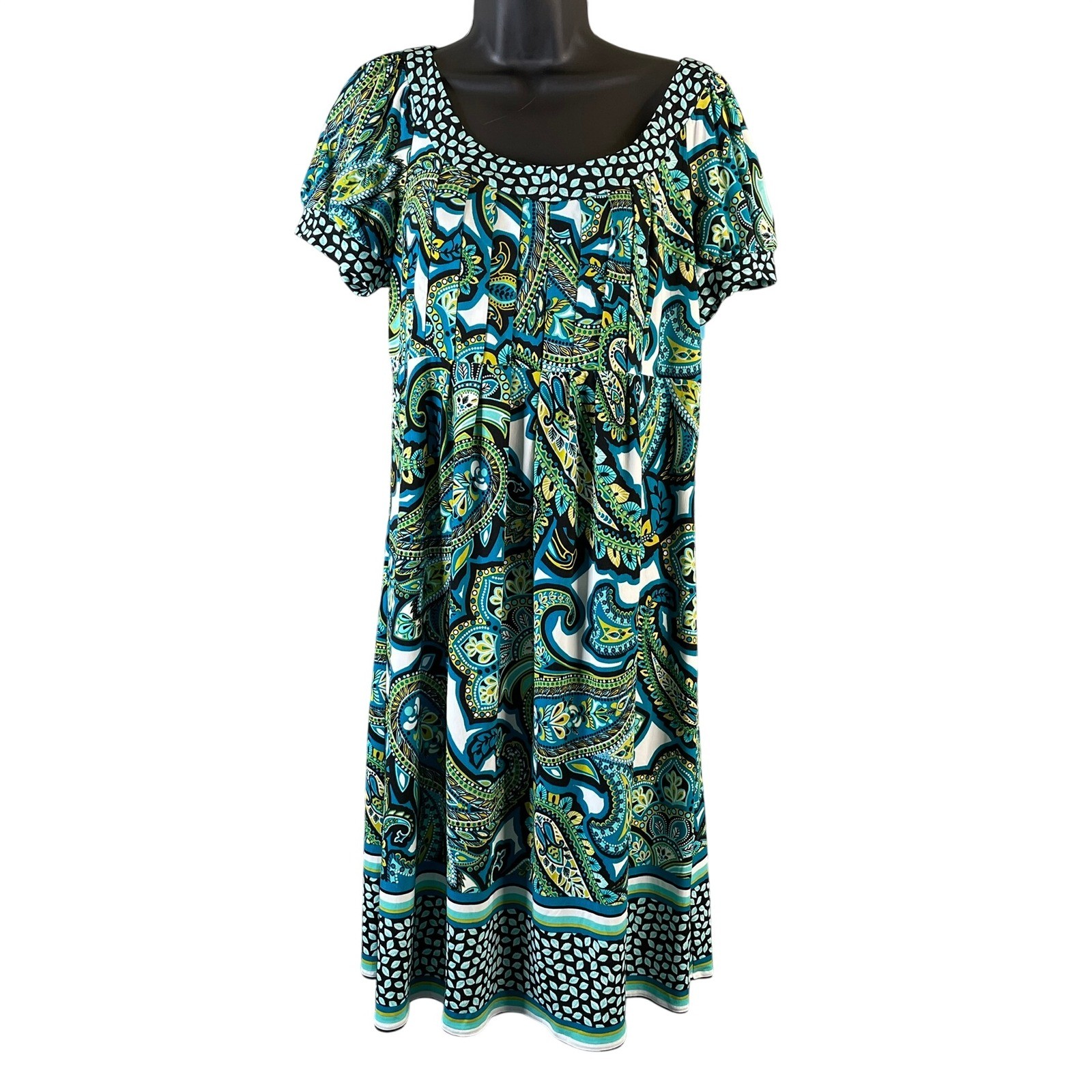 London Style Collection Blue Green Paisley Empire Waist Puff Sleeve Dress 14