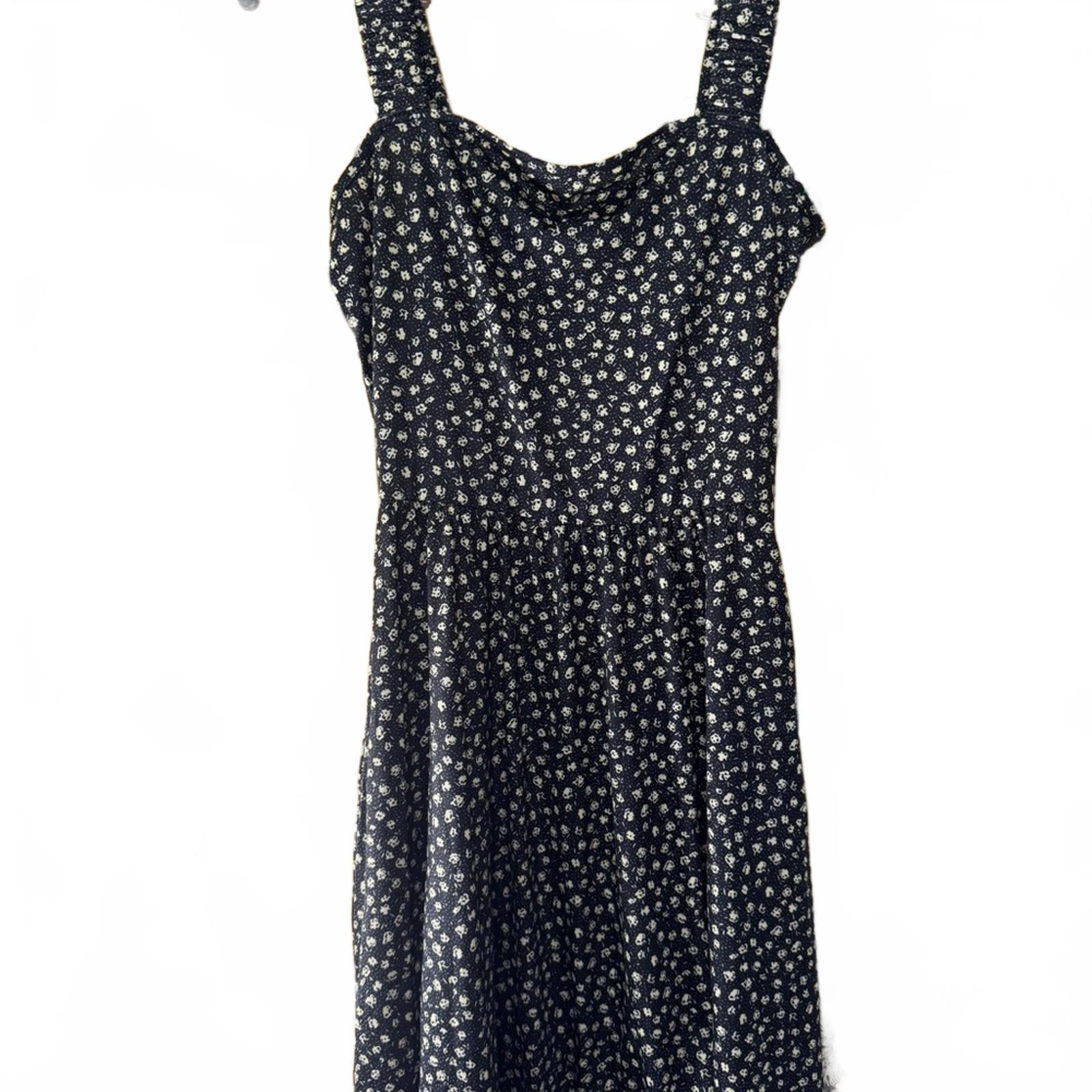 NEW Sundress Square Neck Sleeveless High Waist A-line Midi Black floral Sz S