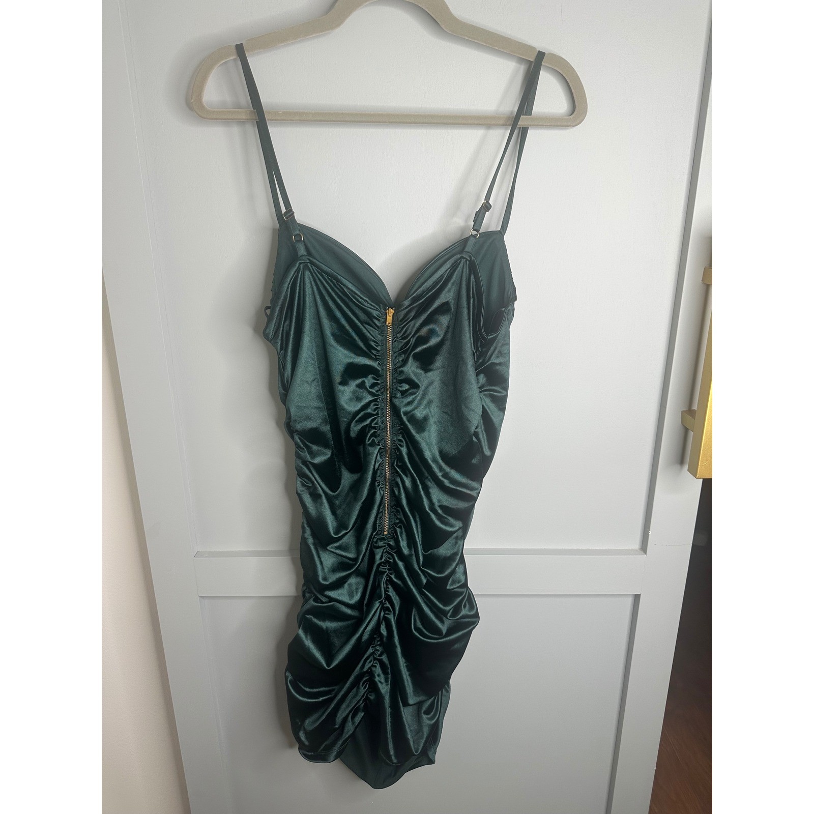 Guess Taima Dark Jade Green Ruched Satin Bodycon Mini Dress XL Q2OK03KB0T0 NWT