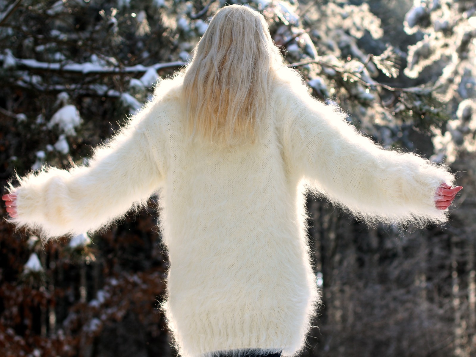 Ivory cowl neck fuzzy mohair sweater thick winter dress handmade fluffy tunic XL