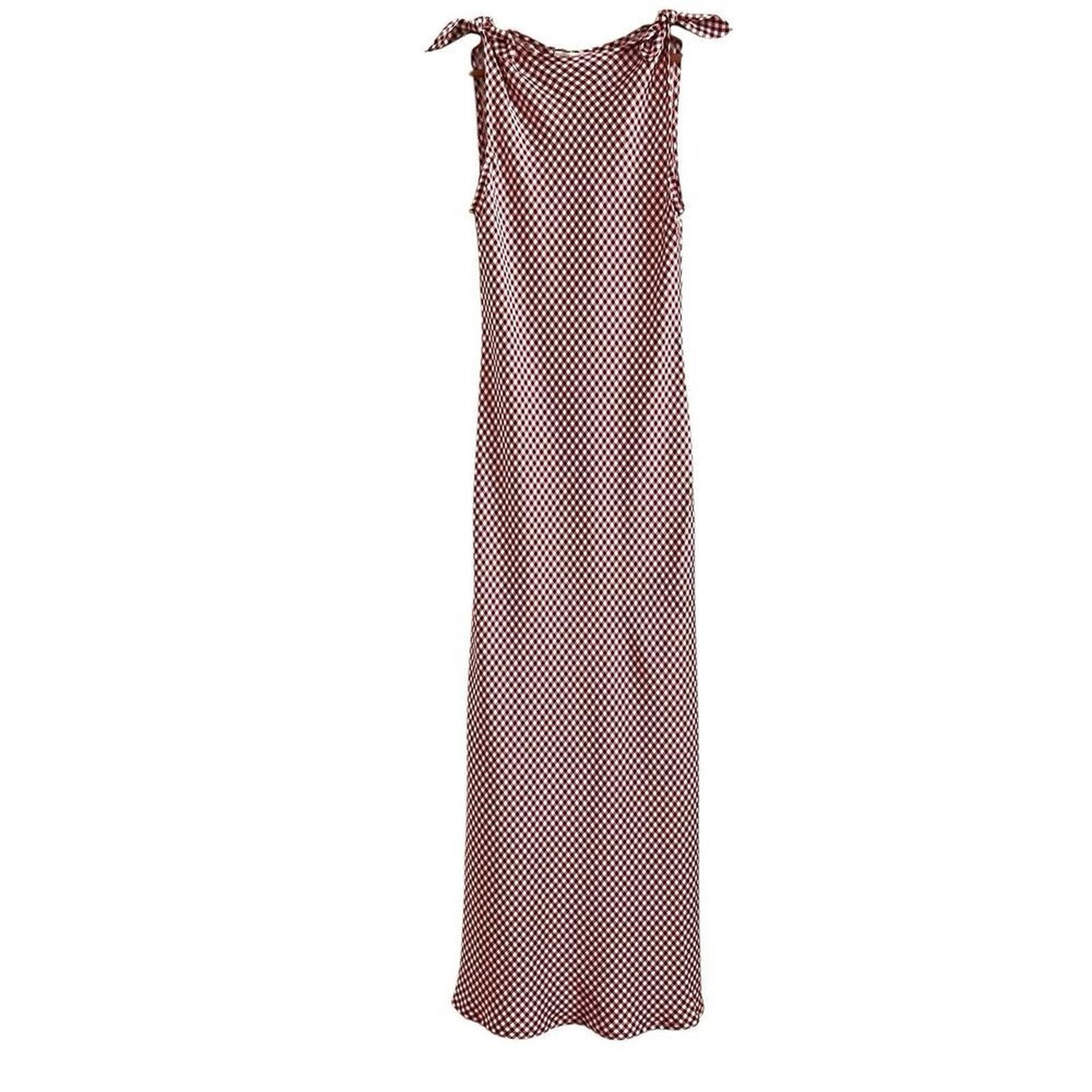 Caroline Constas Burgundy Gingham Maxi Dress M Tie Shoulder Bias Euro Summer NWT