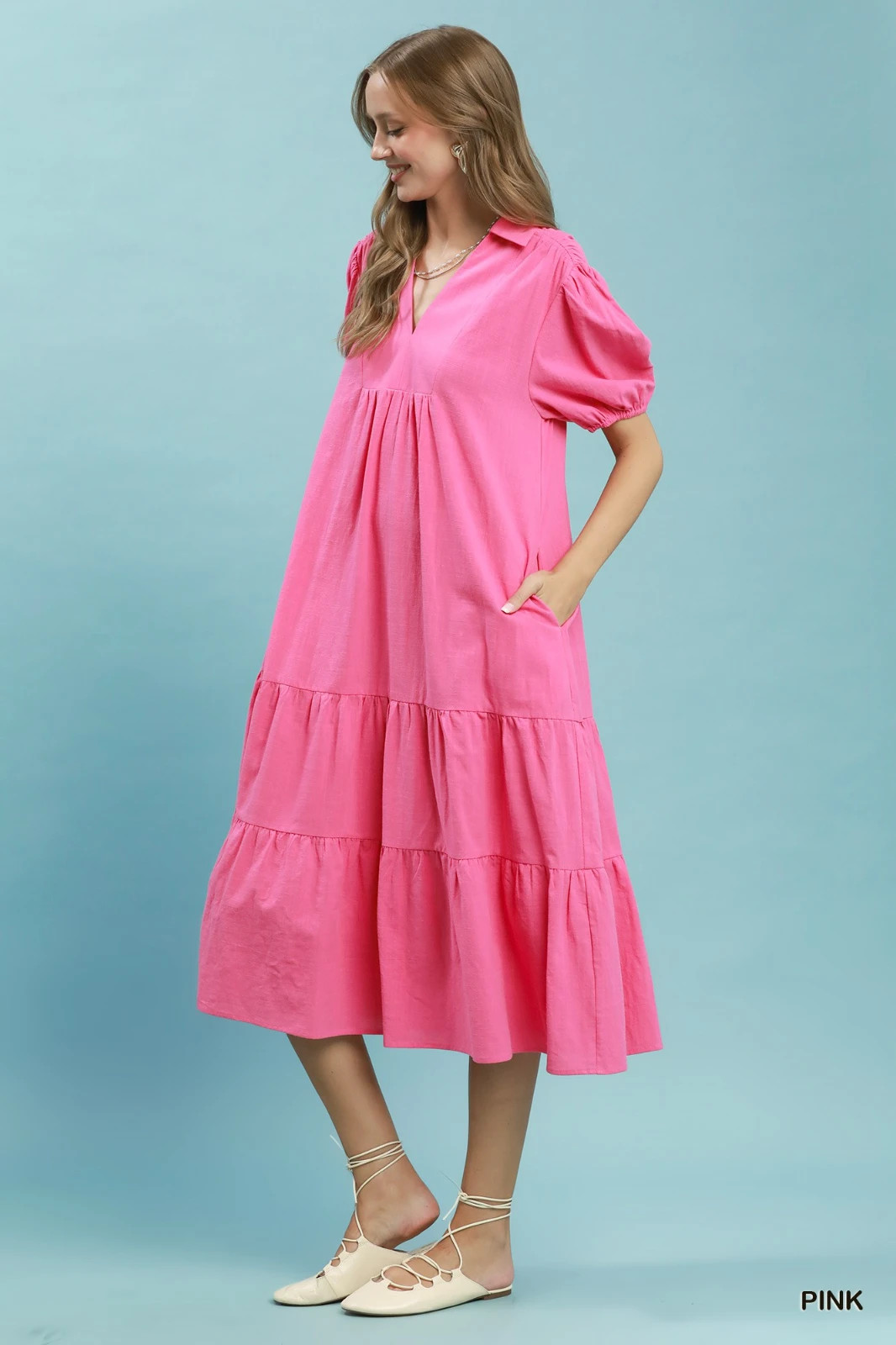 Umgee Solid Tiered Midi Dress – Pink – Small