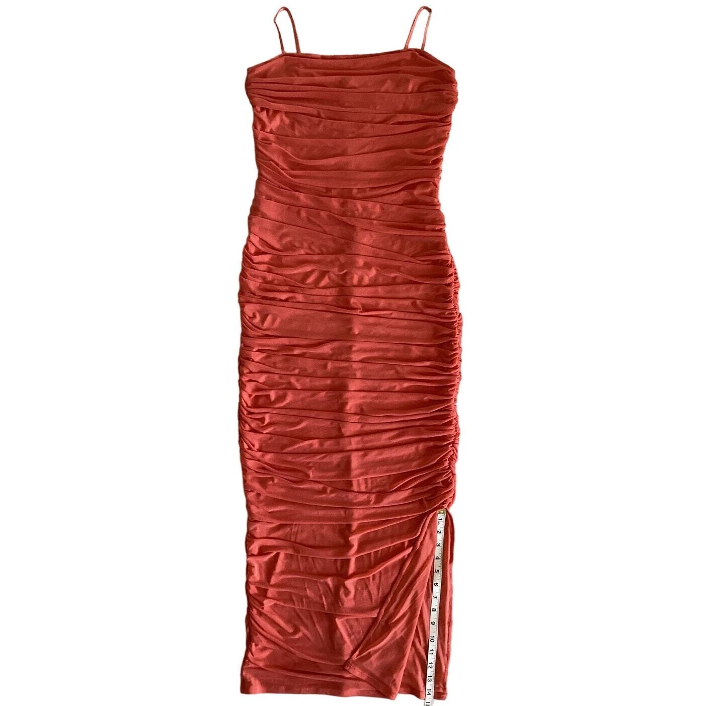 Venus Ruched Mesh Fitted Bodycon Maxi Dress Coral L
