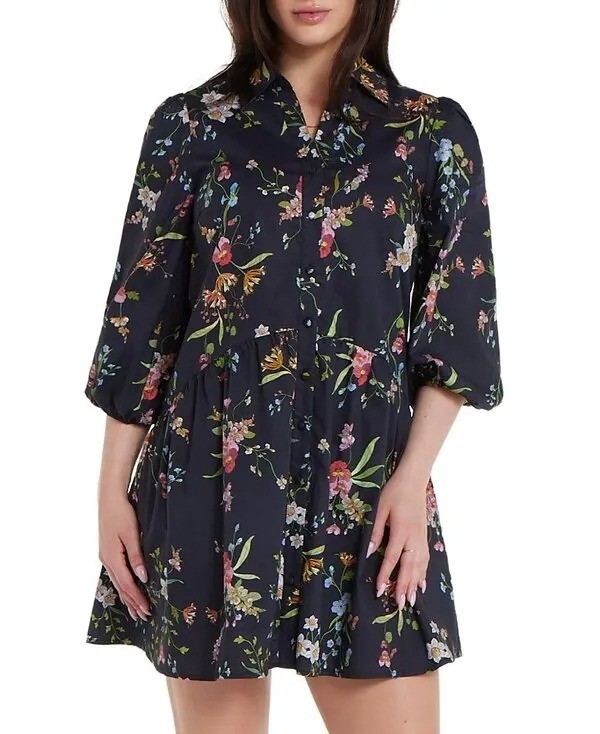 NWT Hermoza Katie Mini Shirt Dress Black Meadow Floral Tiered Cotton Size L