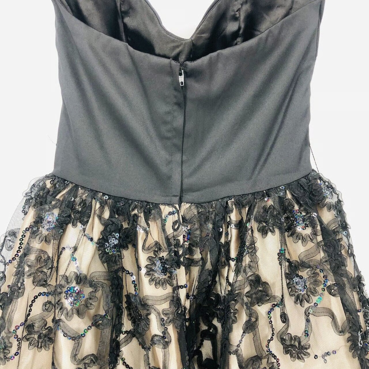 Vintage 80s Jessica McClintock Cocktail Dress Junior 7 Black/Tan Sweetheart Neck