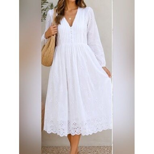 Zara White Eyelet Lace Midi Dress Womens XL Long Sleeve Boho Pintuck V-Neck