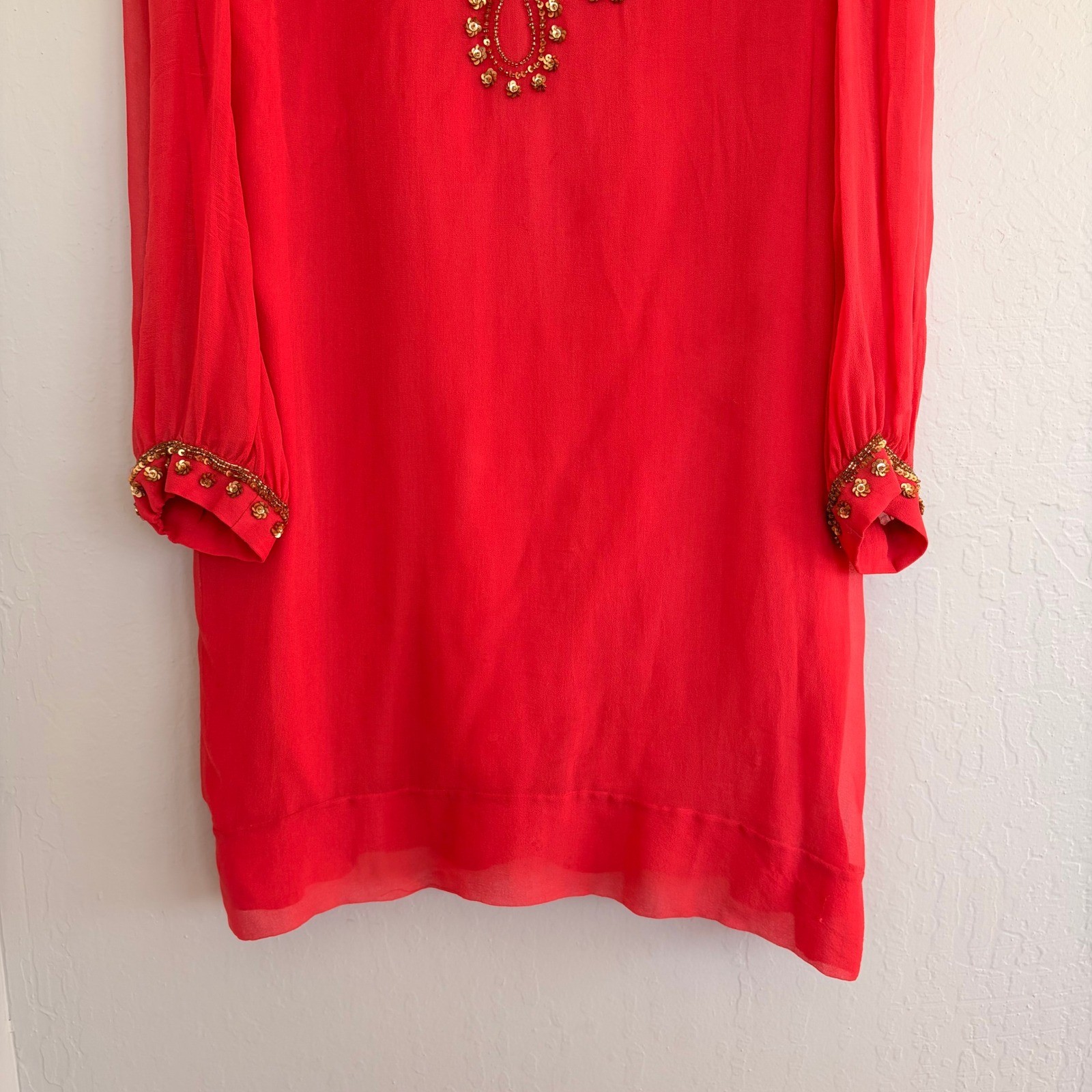 French Connection Shift Dress Silk-Georgette Sequined Coral V-Nick US10 UK14