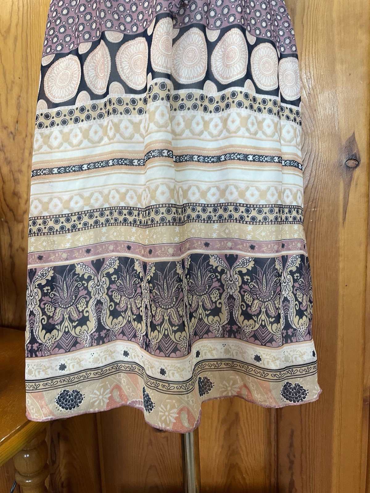 Medium Strapless Dress Purple Tan Paisley Boho Pattern Light Navy Blue Stripe