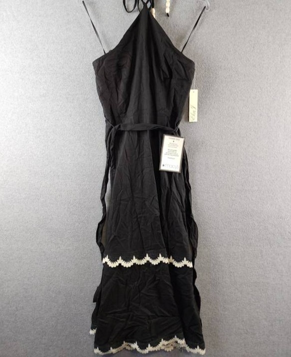 Eliza J Beaded-Strap Contrast-Trim Halter MIDI Dress Women’s 6 Black Linen Blend