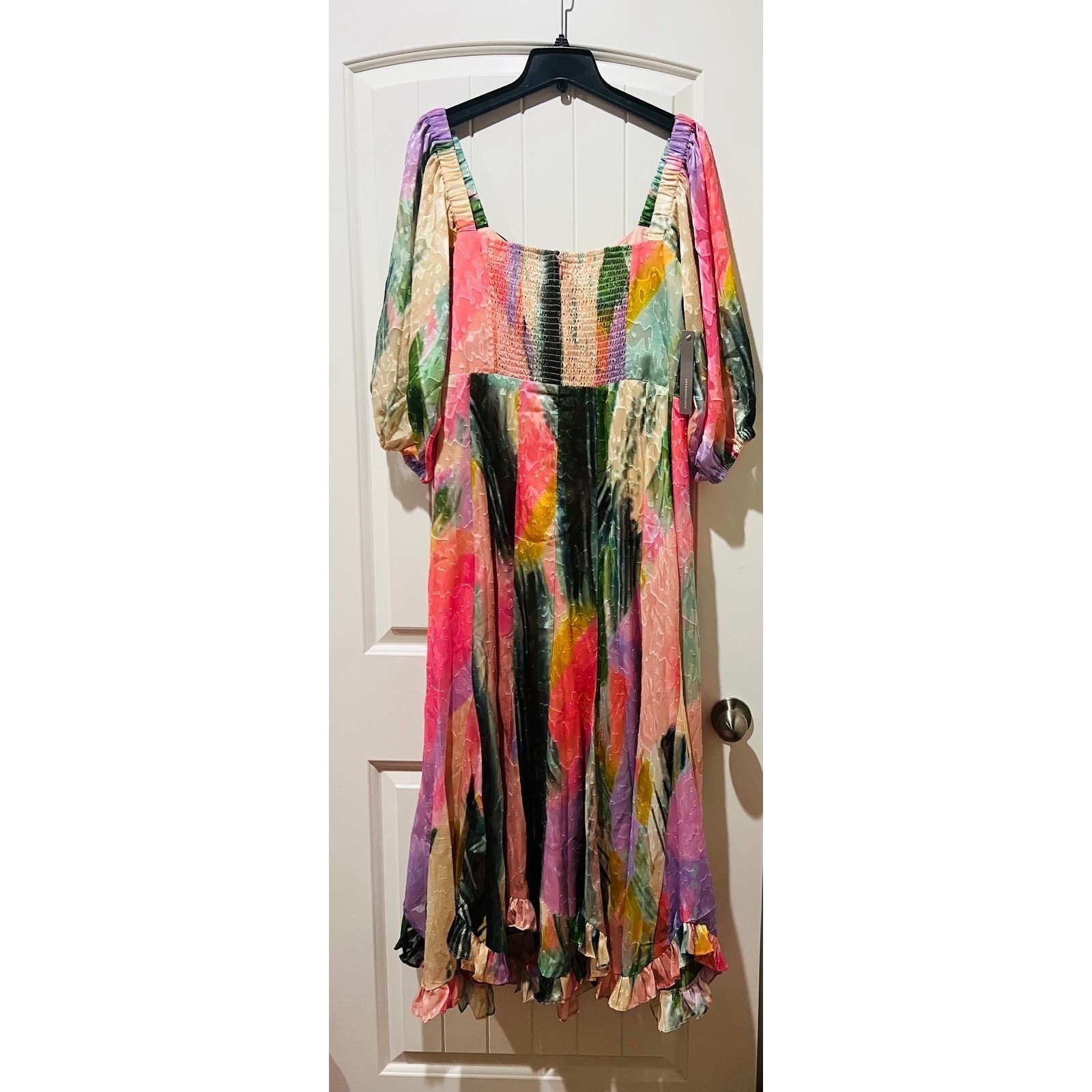 NWT❤️Anthro Hutch Printed Twist-Front Puff-Sleeve Ruffle-Hem Dress szL