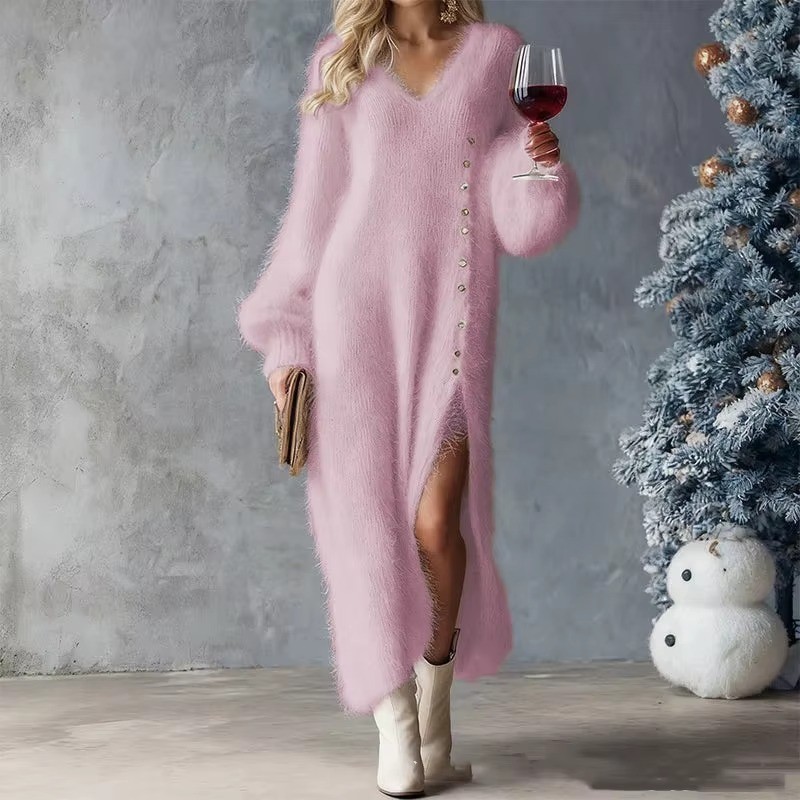 Women Elegant V Neck Long Sleeve Long Dress Autumn Winter