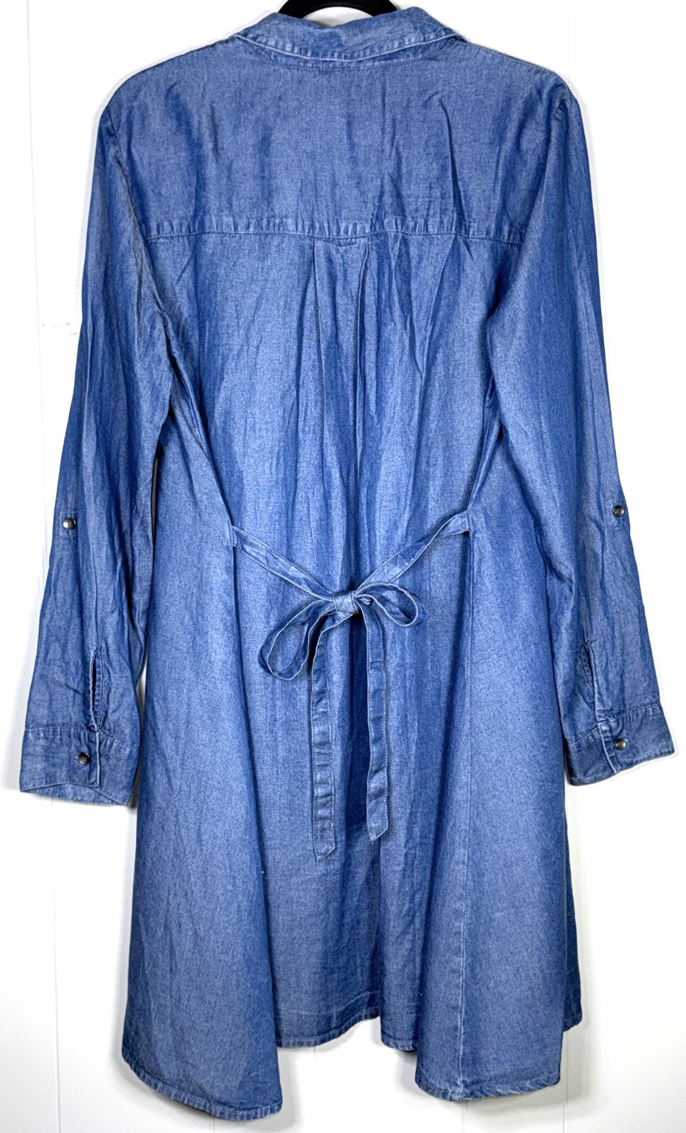 Splendid Blue Chambray Denim Tencel Button-Up Back Tie Roll Tab Shirt Dress L