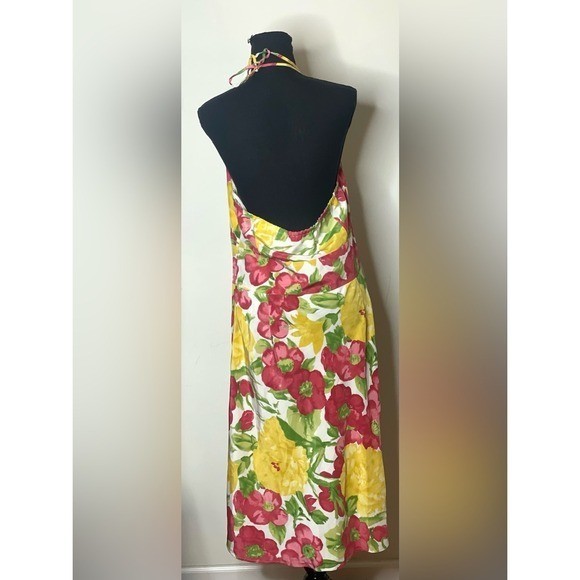 Ann Taylor Loft Silk Floral Halter Midi Dress Pink Yellow Size 16 Open Back