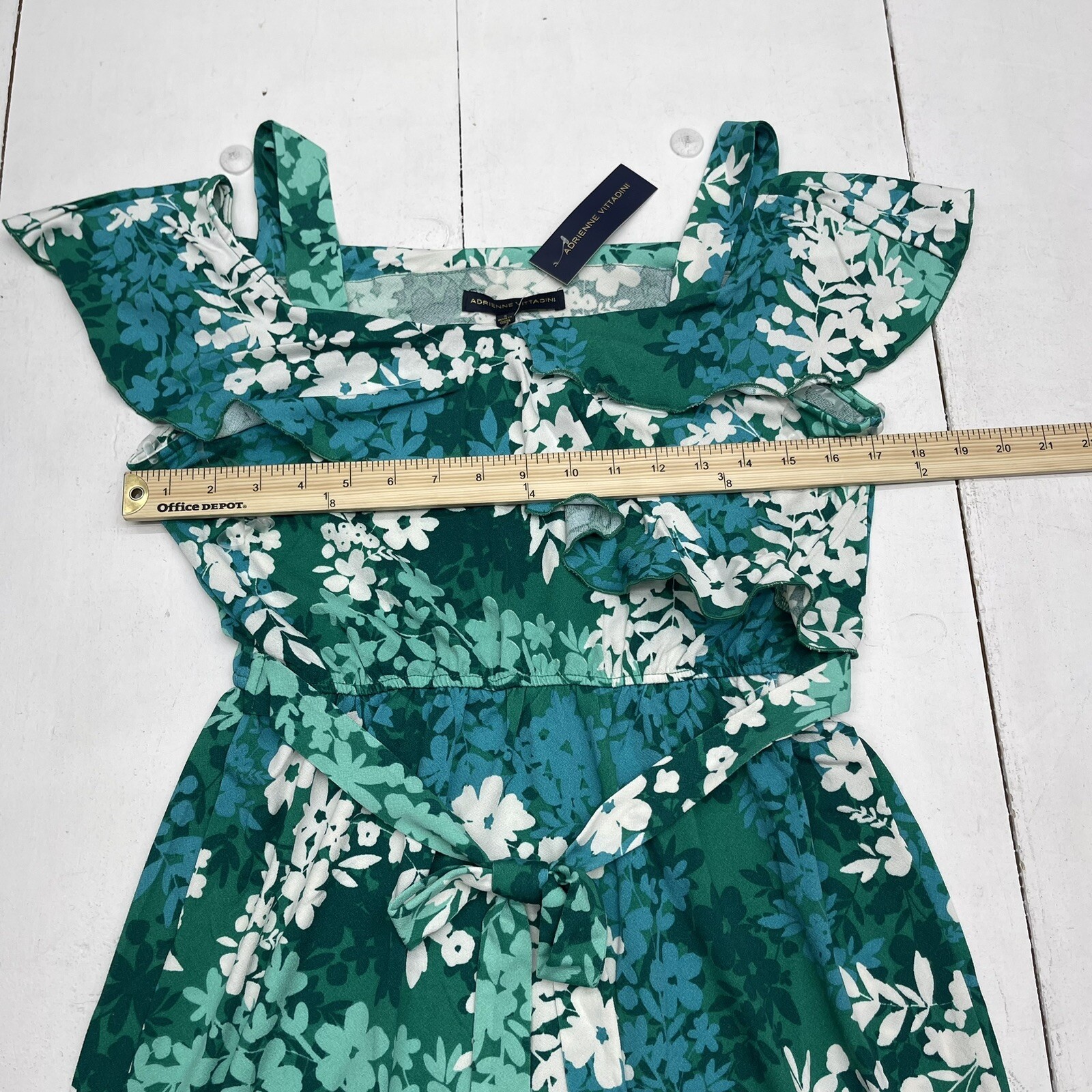 Adrienne Vittadini Green Floral Cold Shoulder Tie Waist Dress Women’s Small New