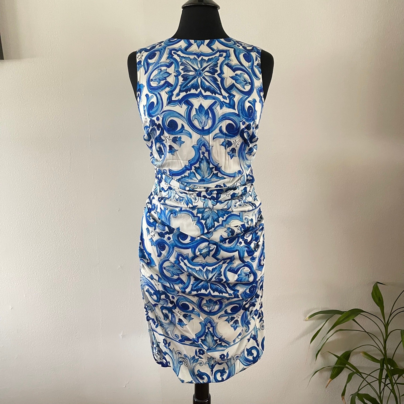 Dolce & Gabbana Womens 10 Silk Majolica Tile Print Dress Blue Ruched Charmeuse