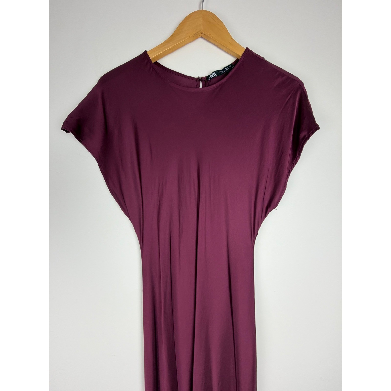 Zara Burgundy Satin Maxi Dress Cap Sleeve NWT Size S Minimalist Plum Wine