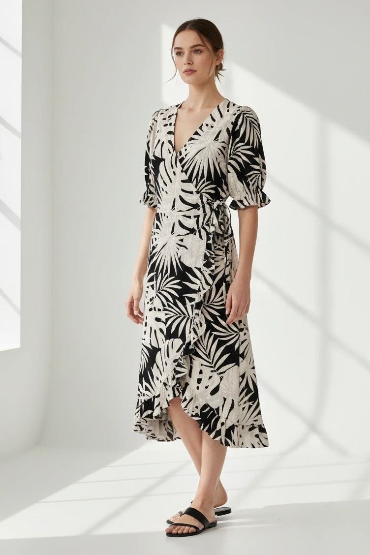Beige Black Ivory Palm Leaf Summer Wrap Dress