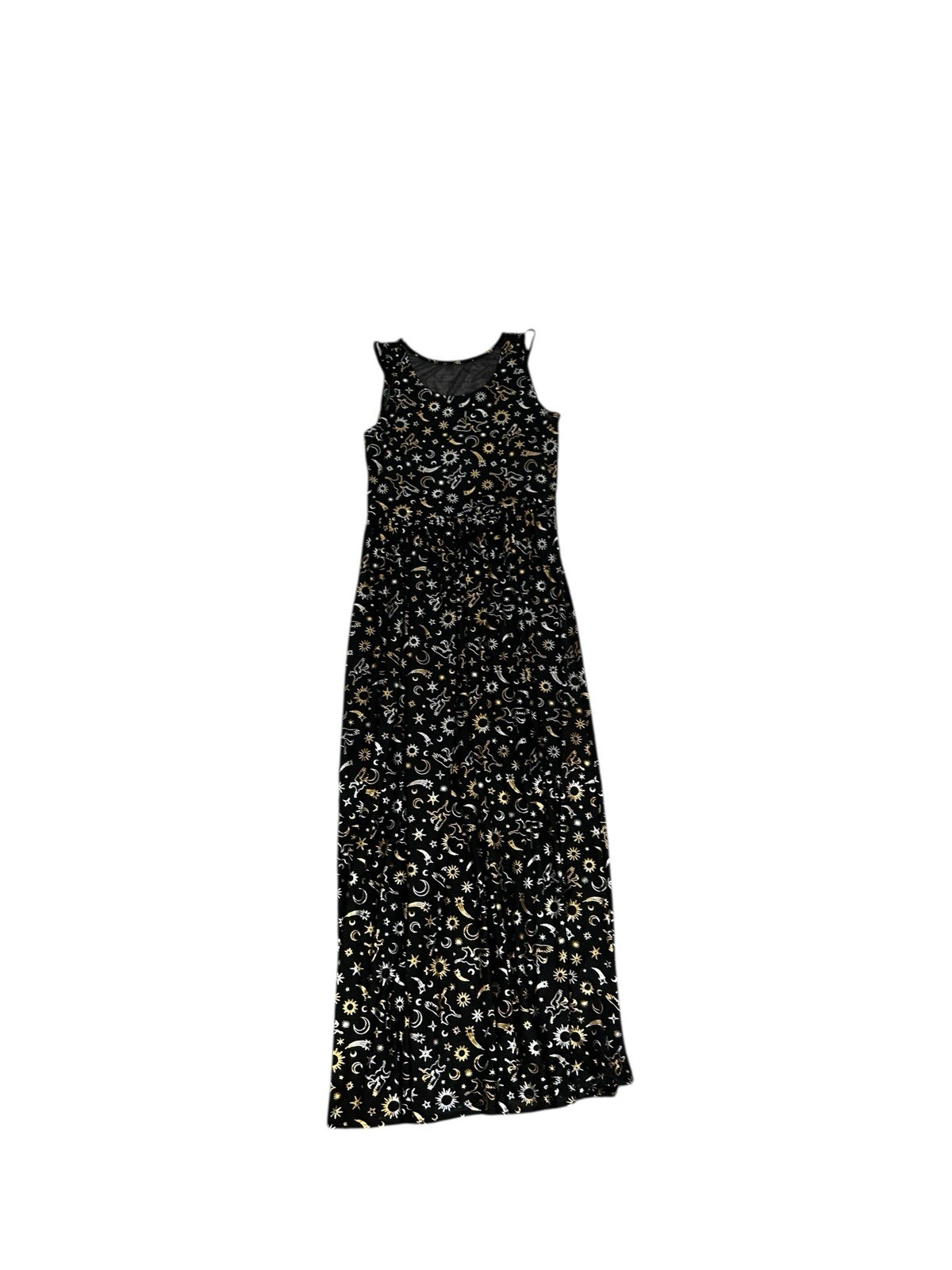 Cosmic Aura Astrology Celestial Stars Moon Foil Mesh Maxi Dress Sz M Black Gold