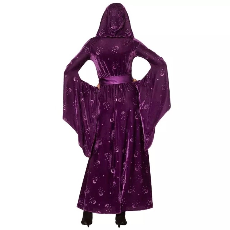 Purple Velvet Celestial Stars Moons Hooded Robe Witch Wizard Maxi Dress SZ L/XL