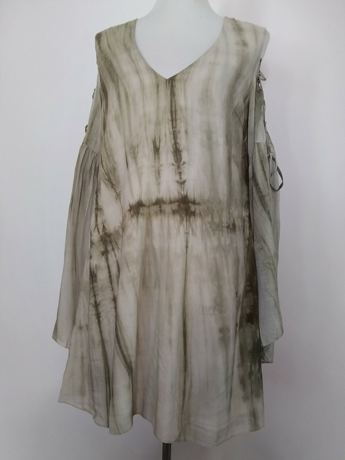 Honey Belle NWT Women Green/Brown Tie Dye Cold Shoulder Lace Up Flutter Dress L