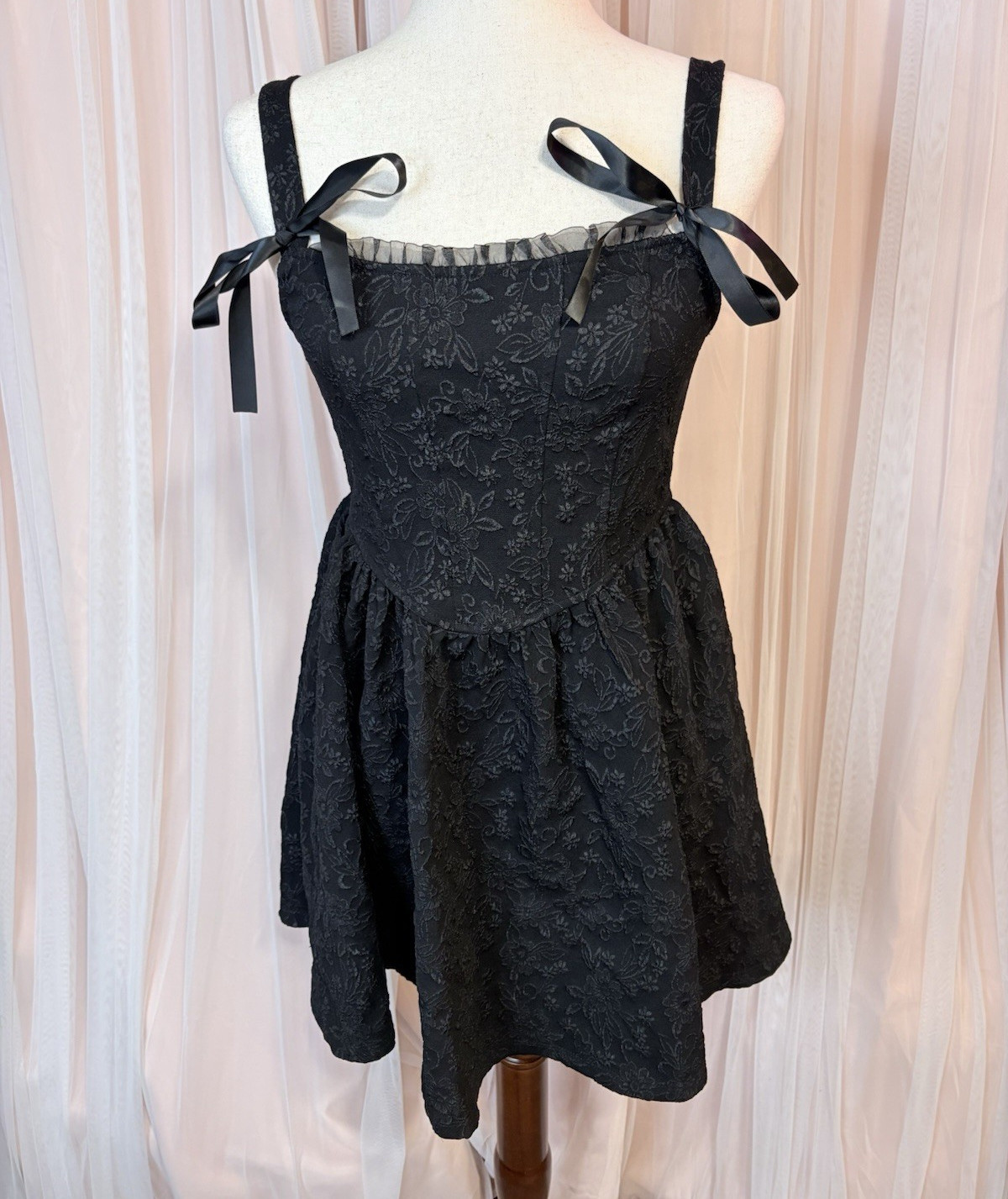 Trixxi Black Corset Mini Dress Floral Jacquard Ribbon Coquette S