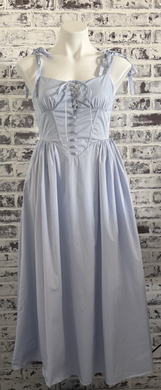 Lt Blue Corset Milkmaid Midi Dress Layered Tulle Corset Tie Strap Cottagecore **