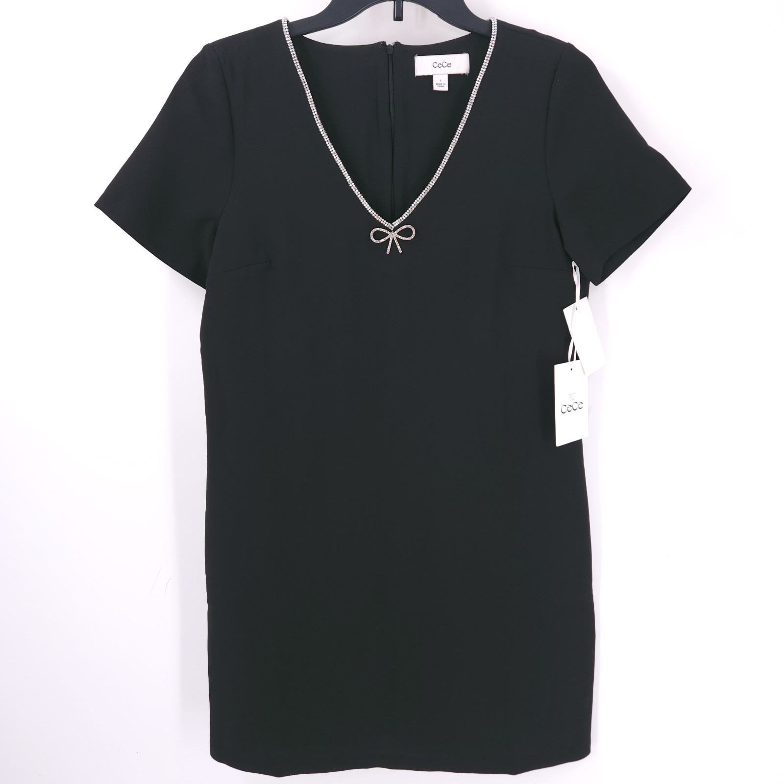 CeCe Rhinestone Bow Short Sleeve Sheath Dress V Neck Black Zip Womens Size 2 NWT