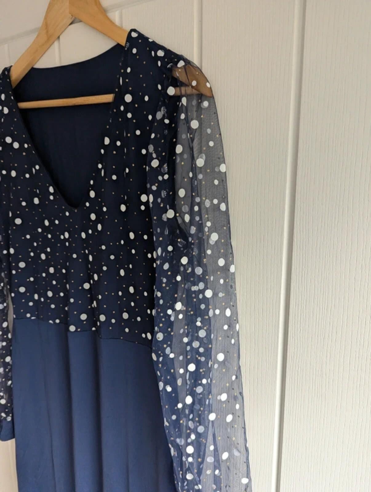 Navy Polka Dot Maxi Dress Size XL | Sheer Long Sleeve Ruffle Evening Occasion