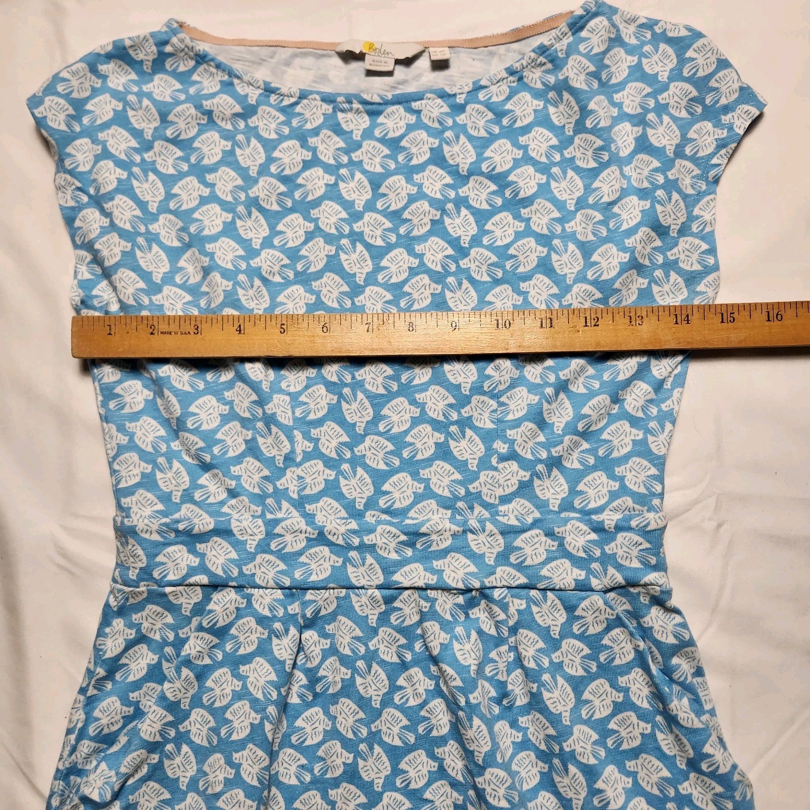 Boden Womens 2P Florrie Dove Bird Print Jersey Dress Stretch Pockets Blue White