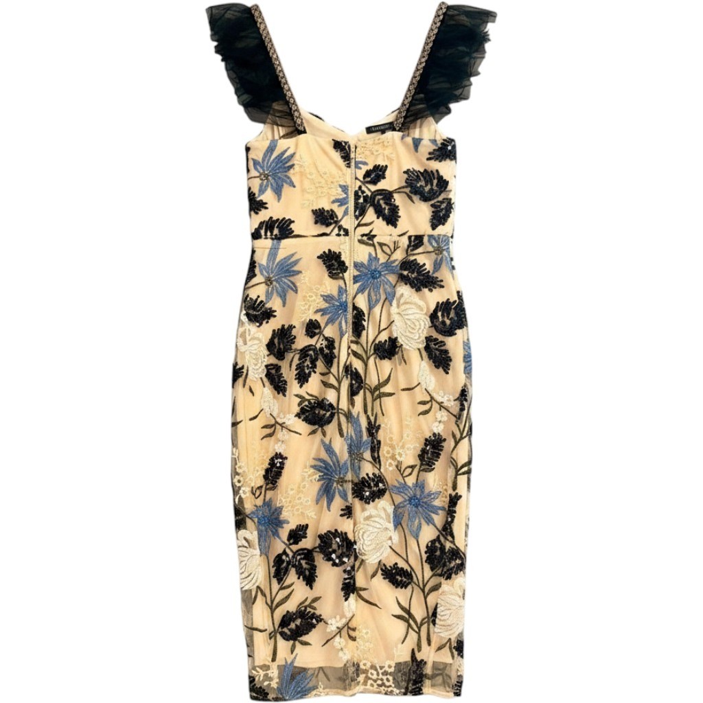 Lulus Embroidered Tulle Midi Dress S Beige Blue Black Floral Sequin Ruffle Strap